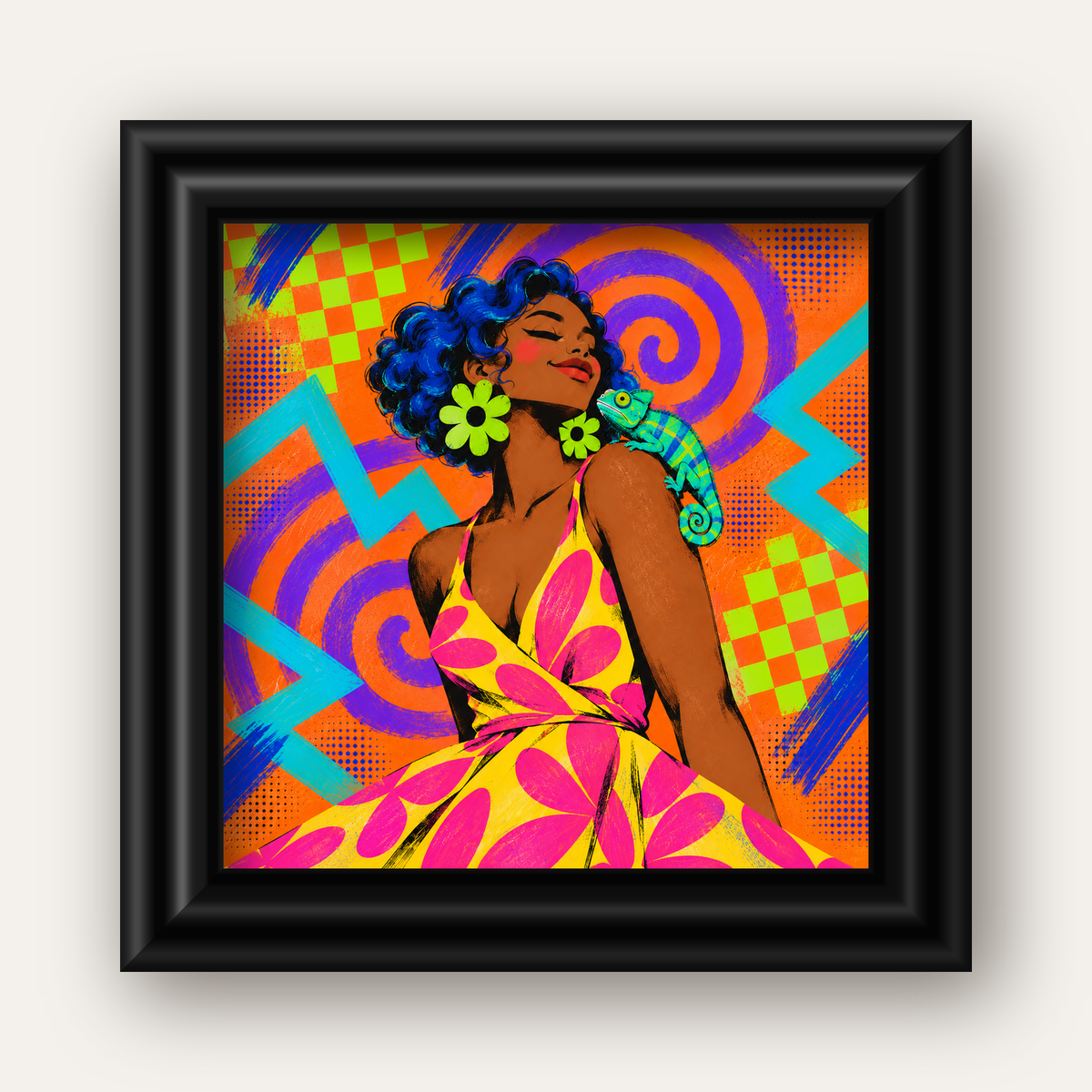 Renkli Portre ve Bukalemun Poster – Pop-Art Dijital Baskı — siyah galeri çerçeveli