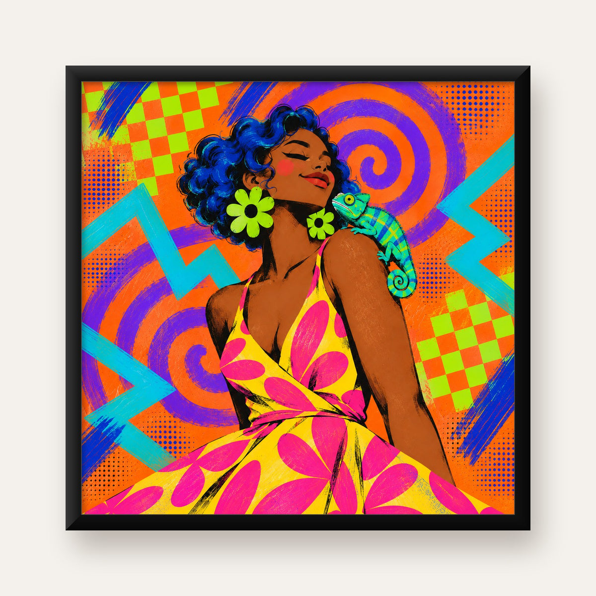 Renkli Portre ve Bukalemun Poster – Pop-Art Dijital Baskı — Kare baskı, düz siyah çerçeveli duvar posteri