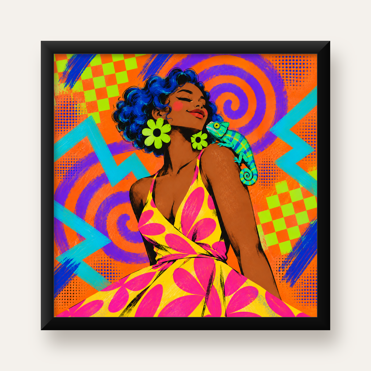 Renkli Portre ve Bukalemun Poster – Pop-Art Dijital Baskı — Kare baskı, düz siyah çerçeveli duvar posteri