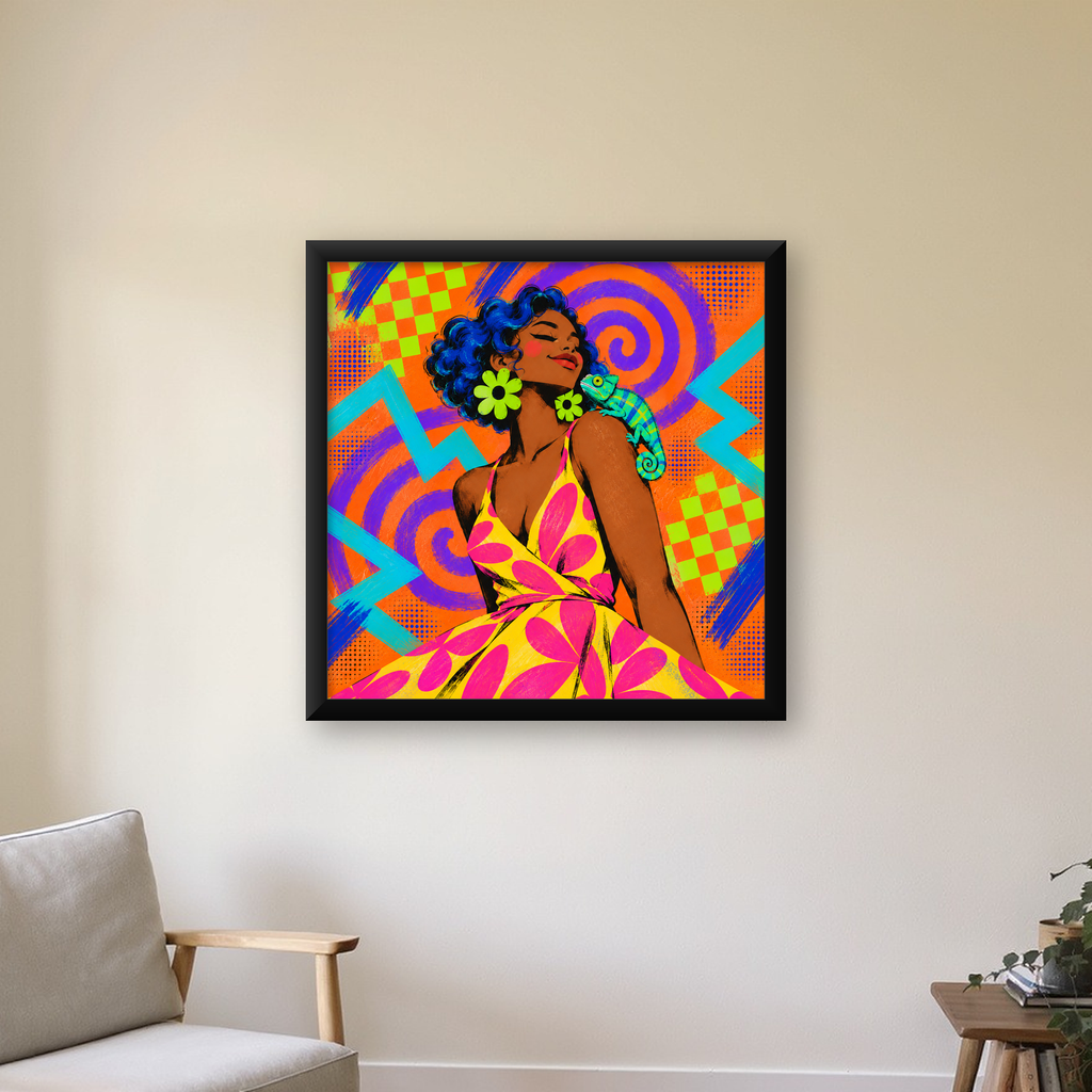 Renkli Portre ve Bukalemun Poster – Pop-Art Dijital Baskı — Kare baskı, çerçeveli hâliyle bir ev duvarında