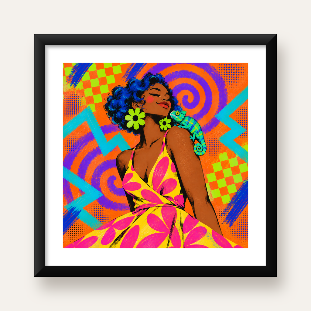 Renkli Portre ve Bukalemun Poster – Pop-Art Dijital Baskı — Kare baskı, beyaz paspartulu