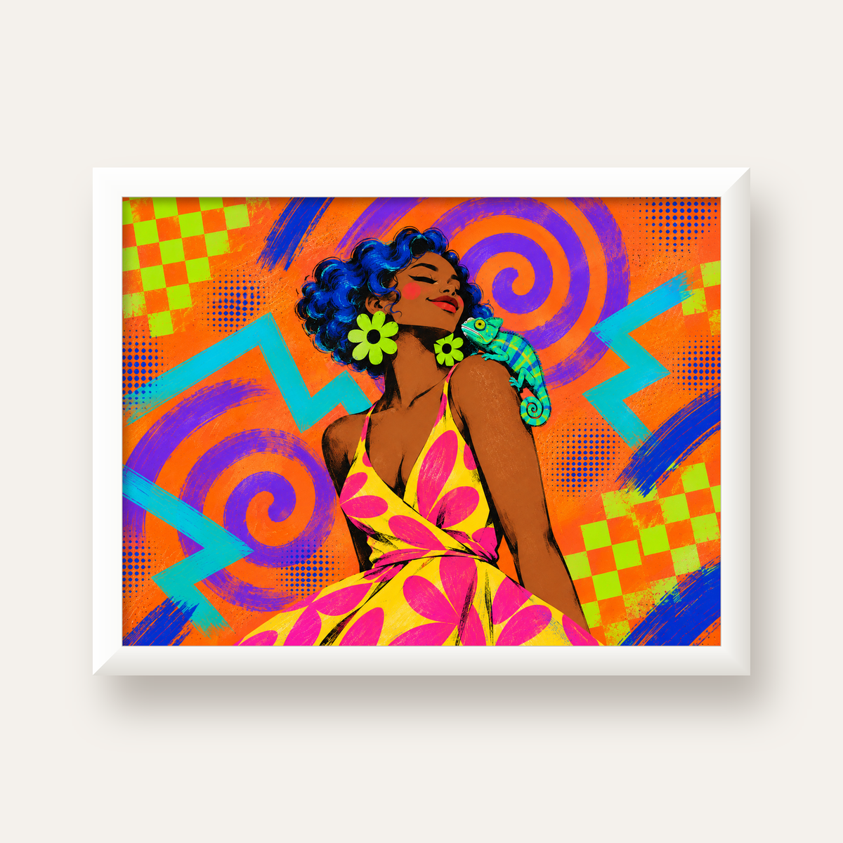 Renkli Portre ve Bukalemun Poster – Pop-Art Dijital Baskı — beyaz çerçeveli yatay poster