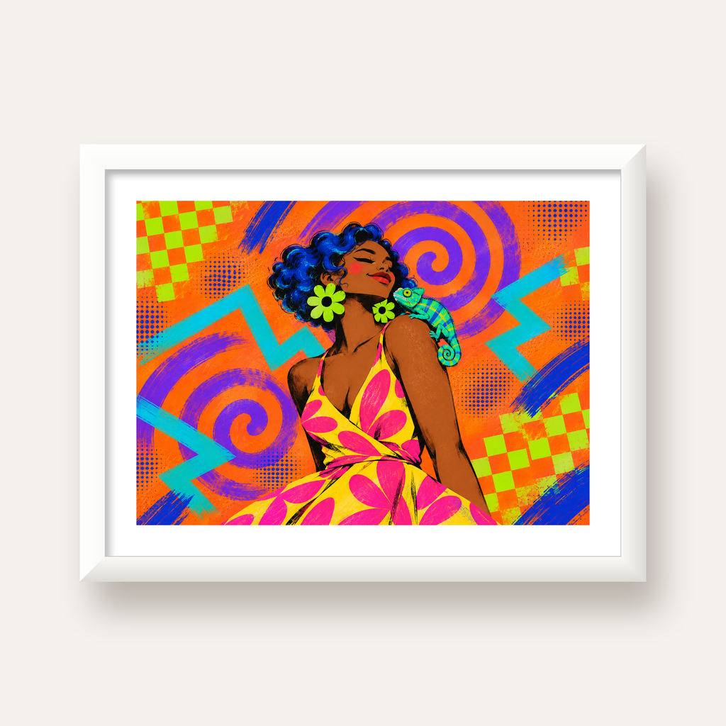 Renkli Portre ve Bukalemun Poster – Pop-Art Dijital Baskı — beyaz çerçeveli yatay poster