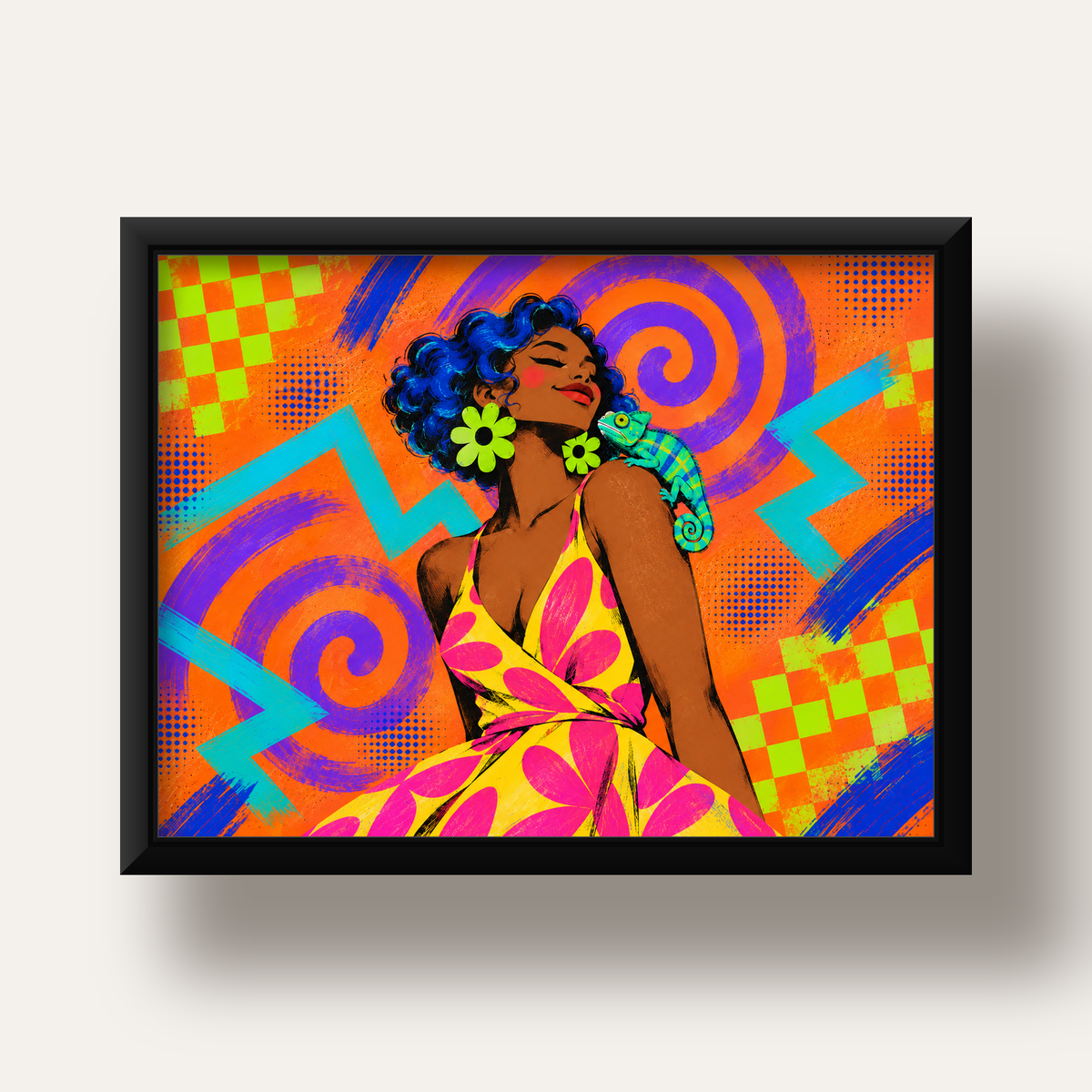 Renkli Portre ve Bukalemun Poster – Pop-Art Dijital Baskı — siyah derin çerçeveli