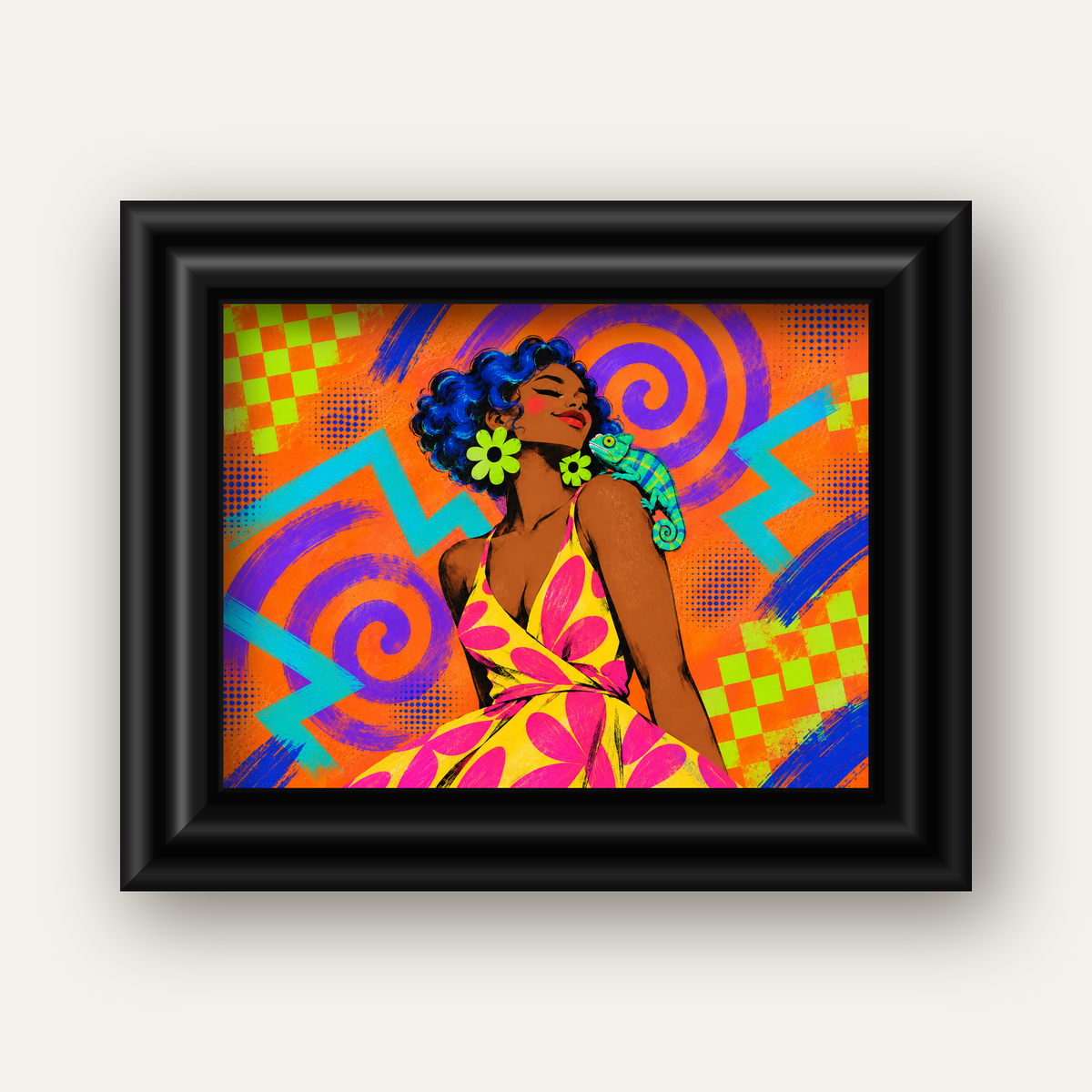 Renkli Portre ve Bukalemun Poster – Pop-Art Dijital Baskı — siyah galeri çerçeveli