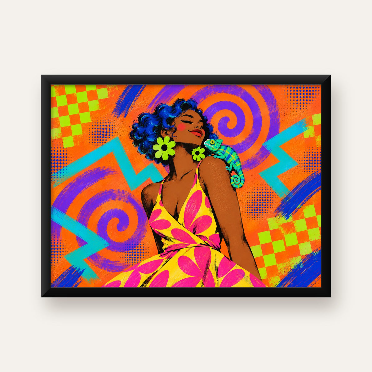 Renkli Portre ve Bukalemun Poster – Pop-Art Dijital Baskı — Yatay baskı, düz siyah çerçeveli duvar posteri