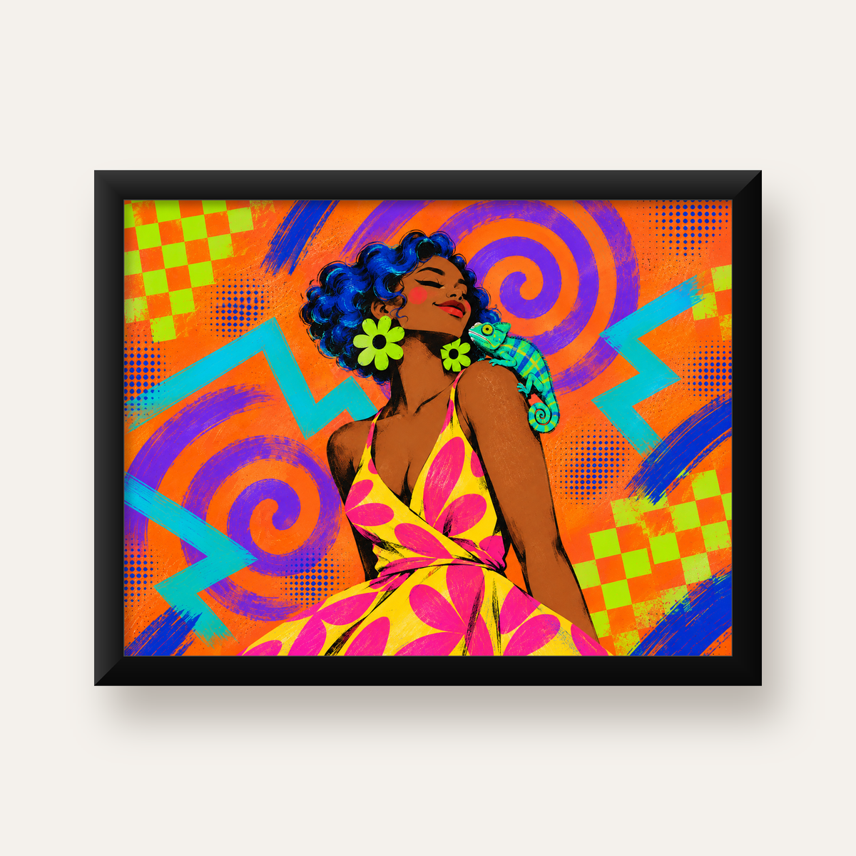 Renkli Portre ve Bukalemun Poster – Pop-Art Dijital Baskı — Yatay baskı, düz siyah çerçeveli duvar posteri