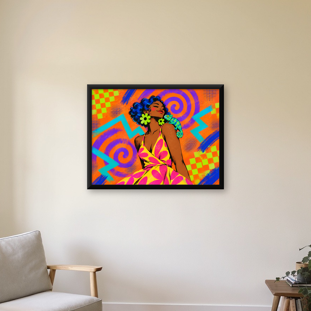 Renkli Portre ve Bukalemun Poster – Pop-Art Dijital Baskı — Yatay baskı, çerçeveli hâliyle bir ev duvarında