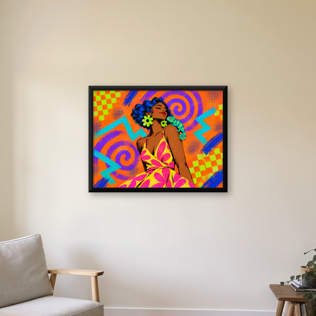 Renkli Portre ve Bukalemun Poster – Pop-Art Dijital Baskı — Yatay baskı, çerçeveli hâliyle bir ev duvarında