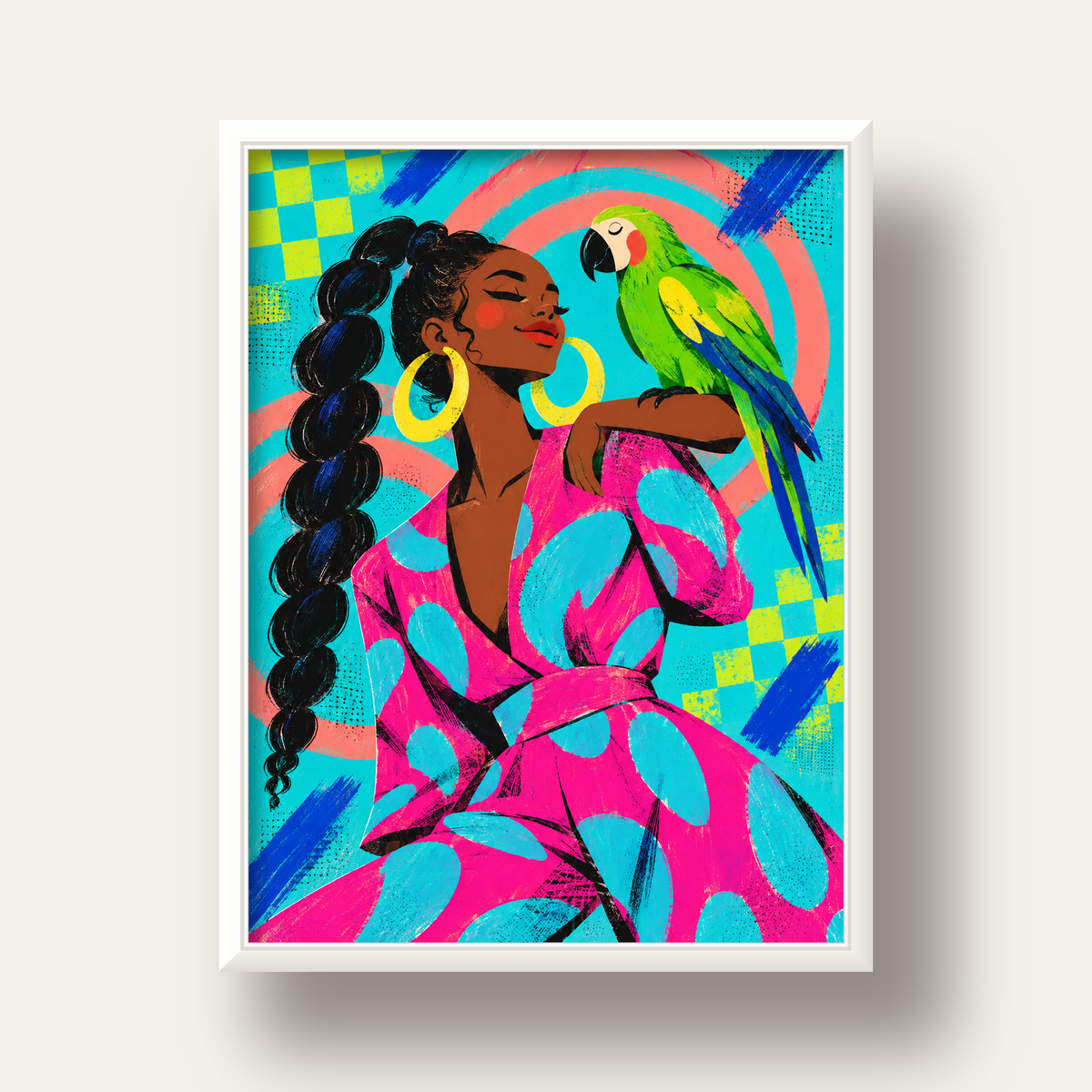 Kadın ve Papağan İllüstrasyon Poster – Renkli Modern Sanat — beyaz derin çerçeveli