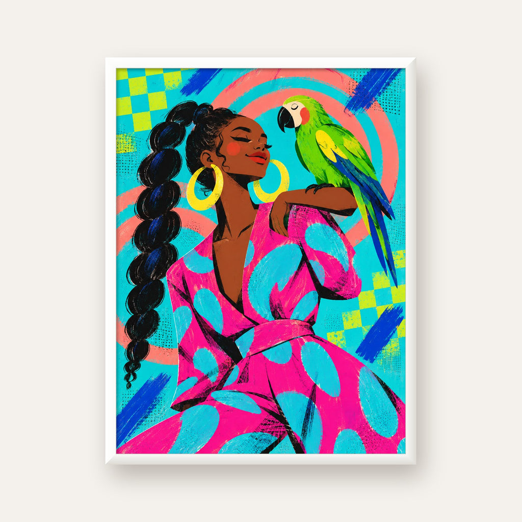Kadın ve Papağan İllüstrasyon Poster – Renkli Modern Sanat — beyaz çerçeveli dikey poster