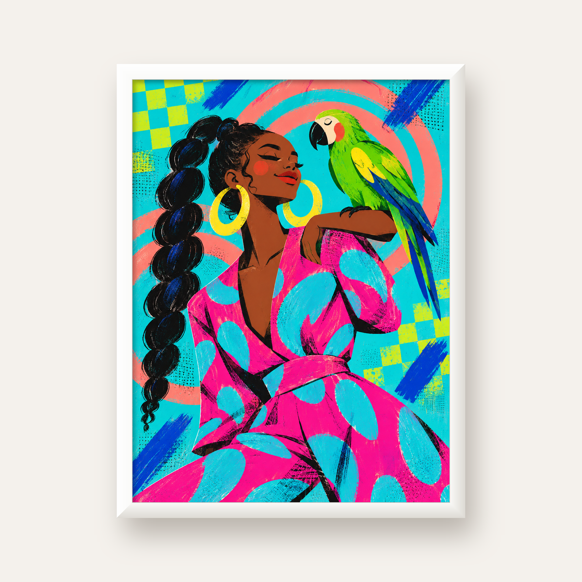 Kadın ve Papağan İllüstrasyon Poster – Renkli Modern Sanat — beyaz çerçeveli dikey poster