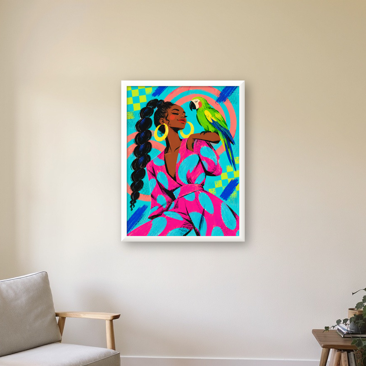 Kadın ve Papağan İllüstrasyon Poster – Renkli Modern Sanat — beyaz çerçeveli dikey poster