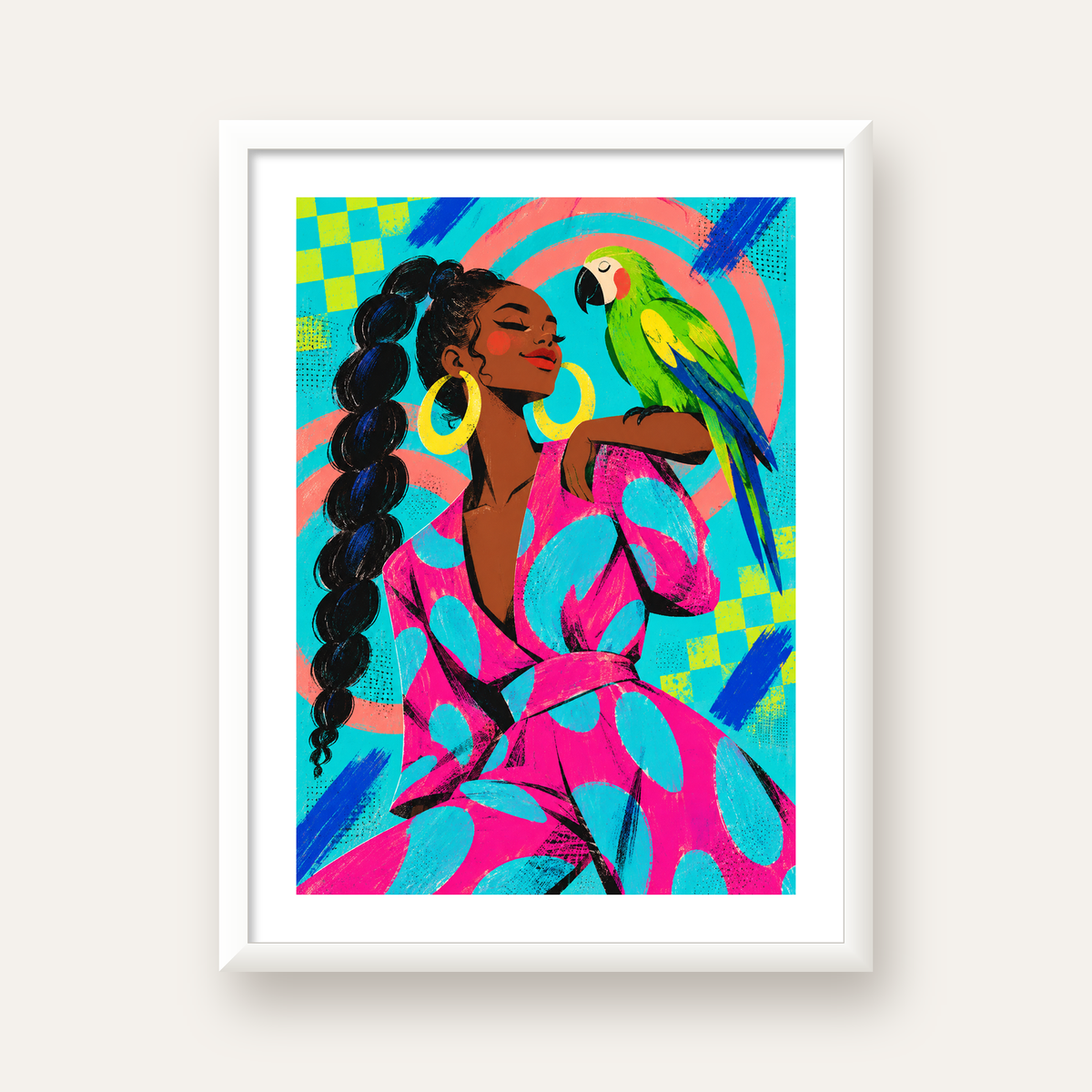 Kadın ve Papağan İllüstrasyon Poster – Renkli Modern Sanat — beyaz çerçeveli dikey poster