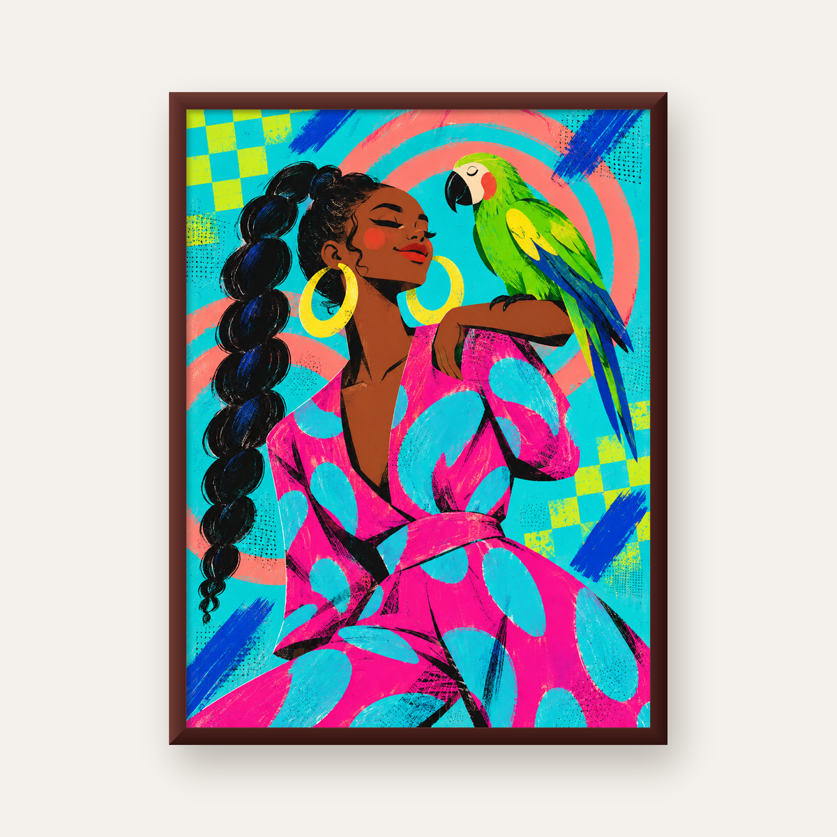 Kadın ve Papağan İllüstrasyon Poster – Renkli Modern Sanat — ceviz çerçeveli