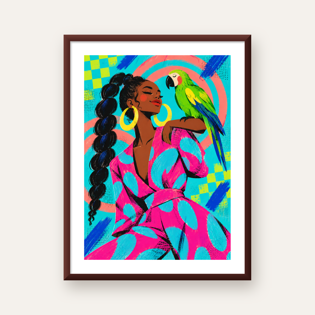 Kadın ve Papağan İllüstrasyon Poster – Renkli Modern Sanat — ceviz çerçeveli paspartulu