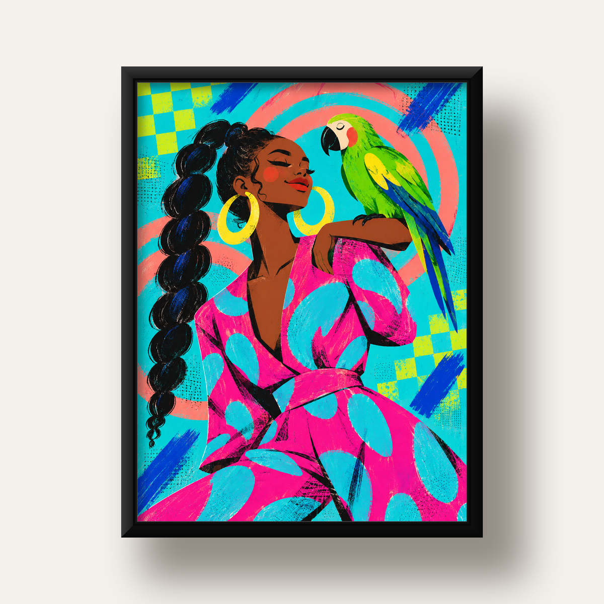 Kadın ve Papağan İllüstrasyon Poster – Renkli Modern Sanat — siyah derin çerçeveli
