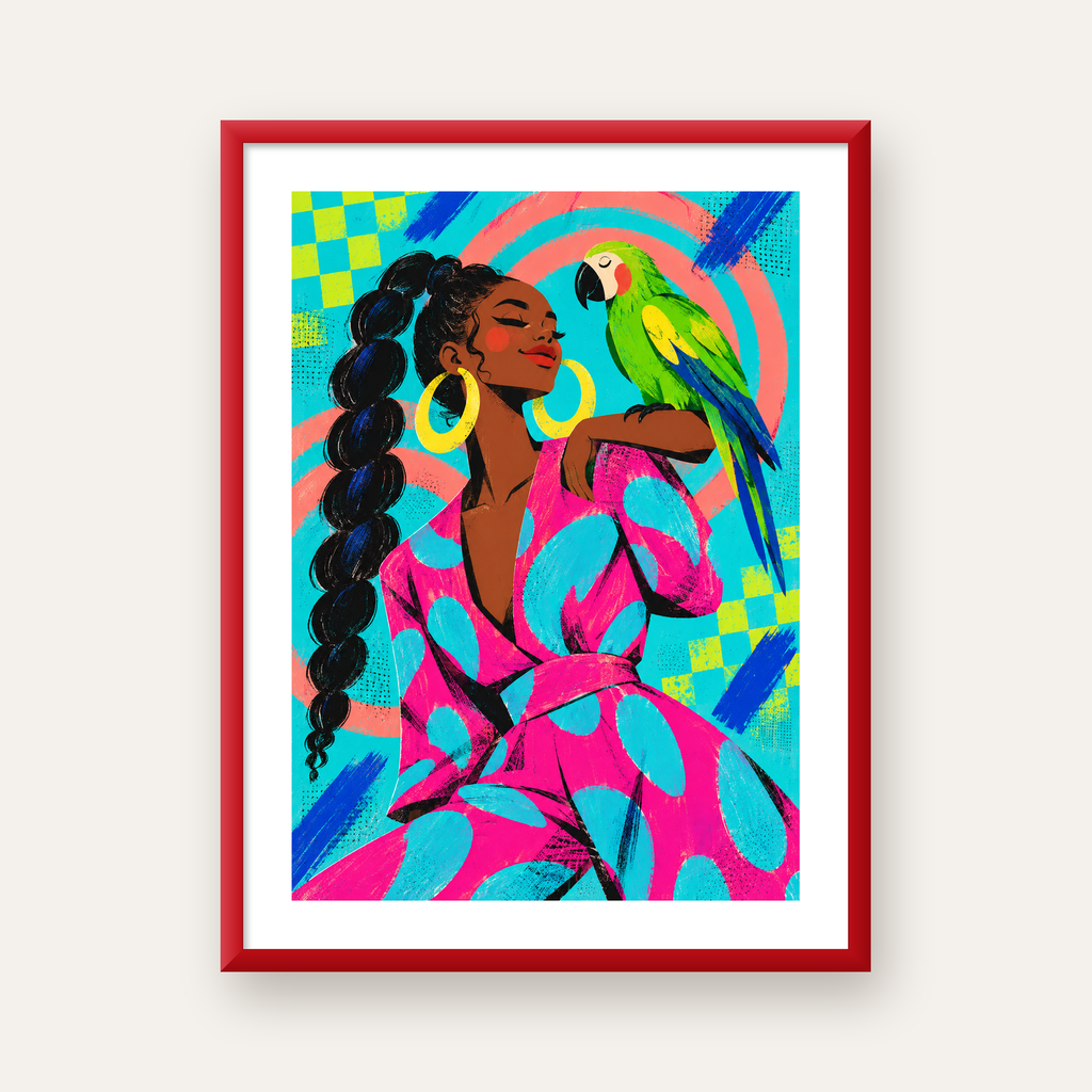 Kadın ve Papağan İllüstrasyon Poster – Renkli Modern Sanat — kırmızı çerçeveli paspartulu