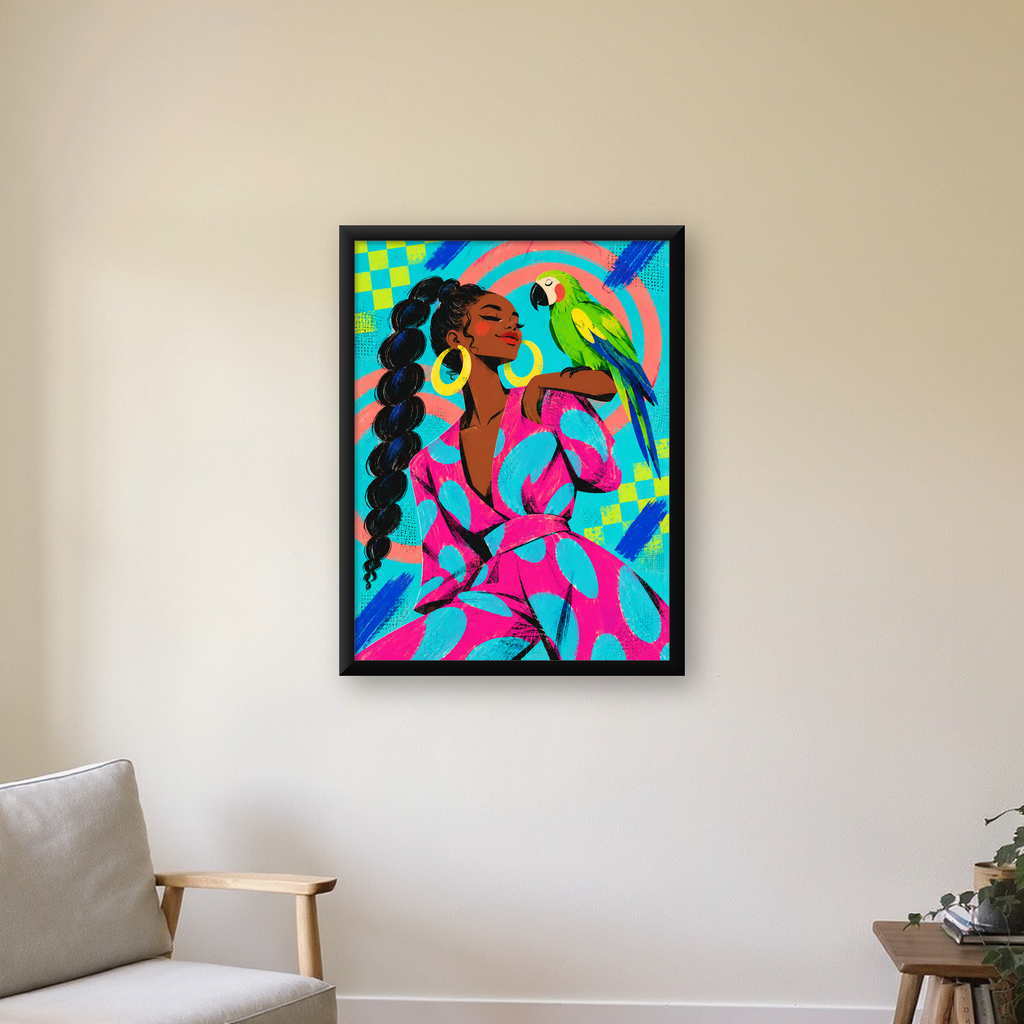 Kadın ve Papağan İllüstrasyon Poster – Renkli Modern Sanat — Dikey baskı, çerçeveli hâliyle bir ev duvarında