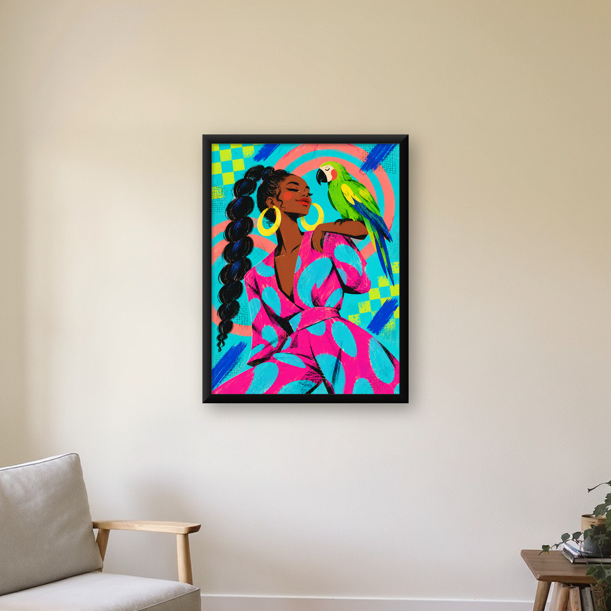Kadın ve Papağan İllüstrasyon Poster – Renkli Modern Sanat — Dikey baskı, çerçeveli hâliyle bir ev duvarında