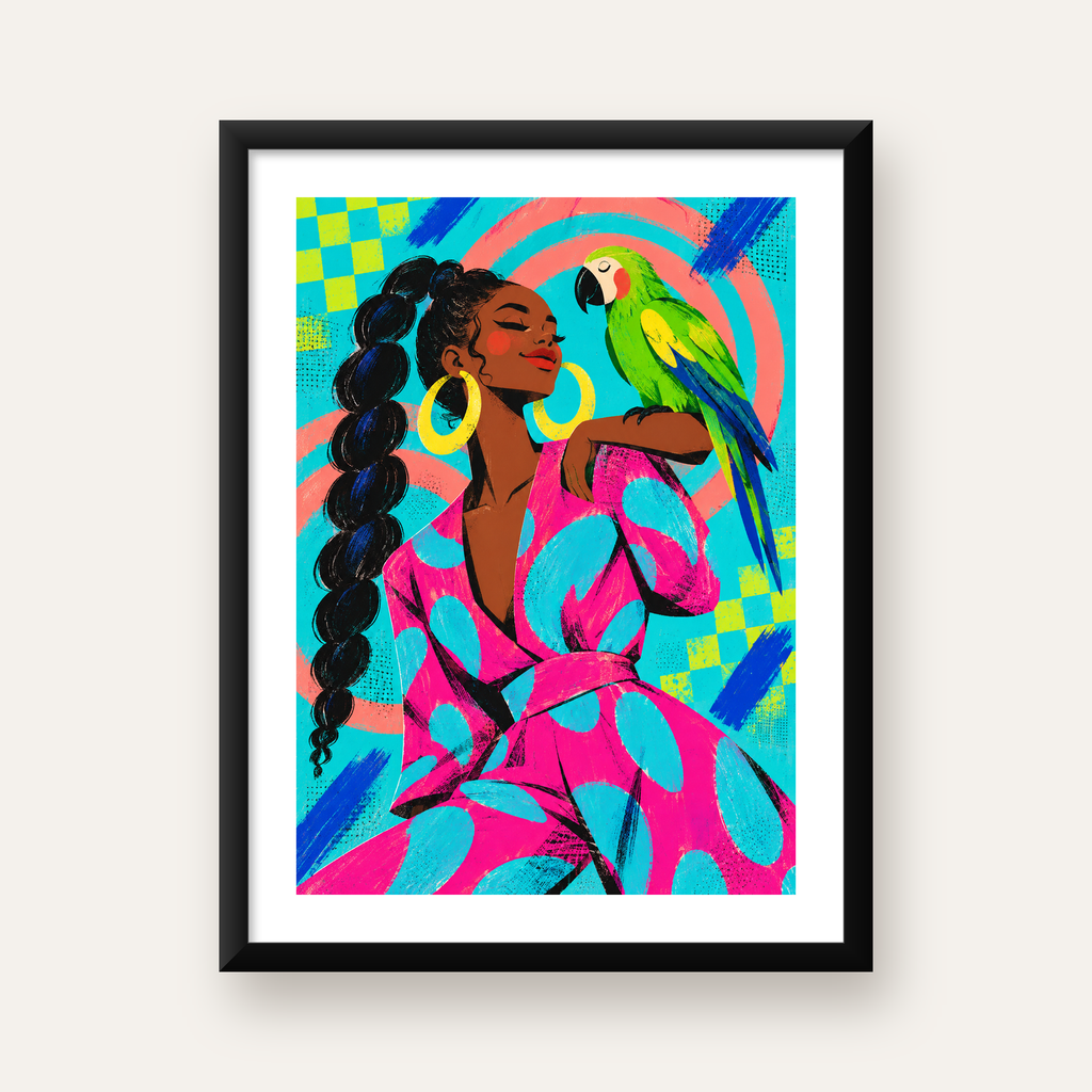 Kadın ve Papağan İllüstrasyon Poster – Renkli Modern Sanat — Dikey baskı, beyaz paspartulu