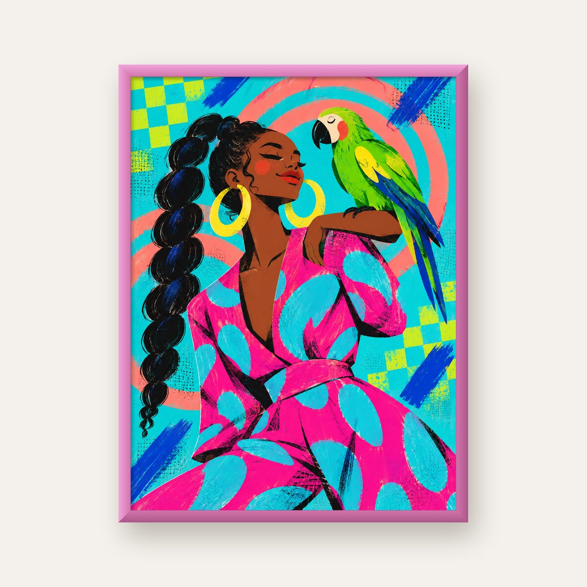 Kadın ve Papağan İllüstrasyon Poster – Renkli Modern Sanat — pembe çerçeveli
