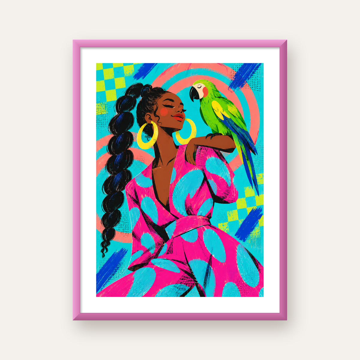 Kadın ve Papağan İllüstrasyon Poster – Renkli Modern Sanat — pembe çerçeveli paspartulu