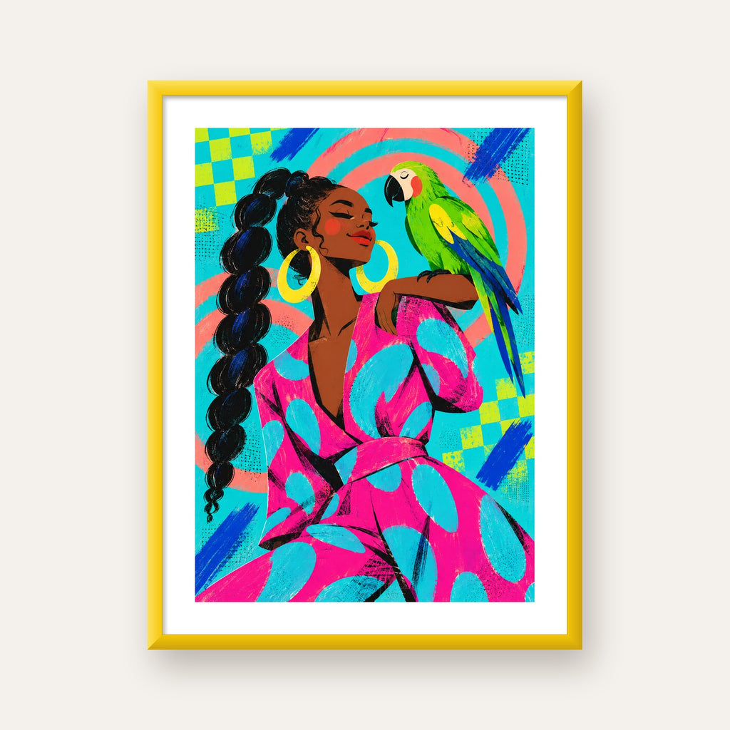 Kadın ve Papağan İllüstrasyon Poster – Renkli Modern Sanat — sarı çerçeveli paspartulu