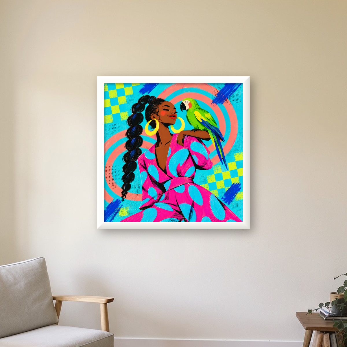 Kadın ve Papağan İllüstrasyon Poster – Renkli Modern Sanat — beyaz çerçeveli kare poster
