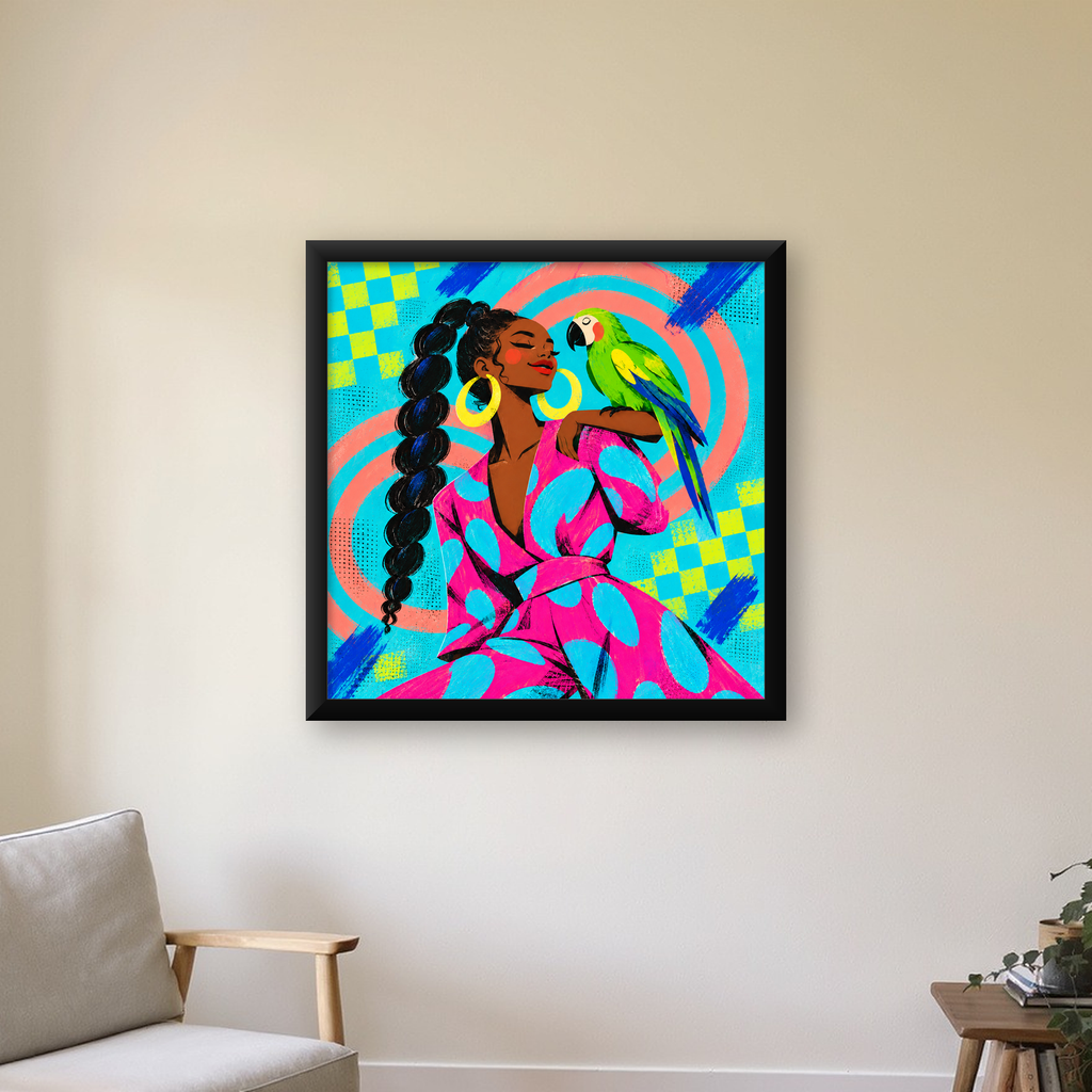 Kadın ve Papağan İllüstrasyon Poster – Renkli Modern Sanat — Kare baskı, çerçeveli hâliyle bir ev duvarında