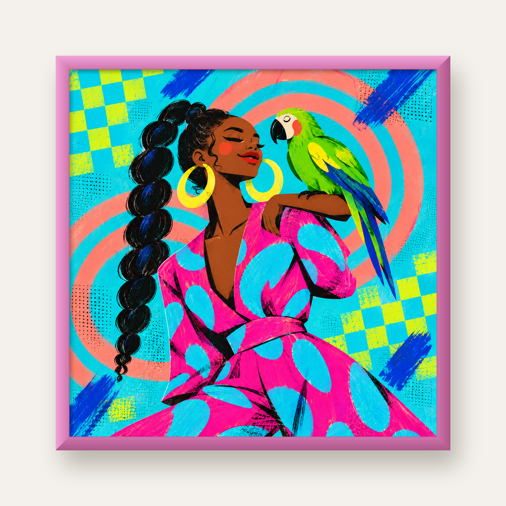 Kadın ve Papağan İllüstrasyon Poster – Renkli Modern Sanat — pembe çerçeveli