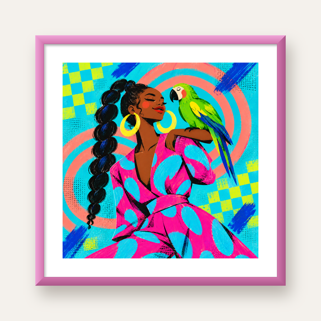 Kadın ve Papağan İllüstrasyon Poster – Renkli Modern Sanat — pembe çerçeveli paspartulu