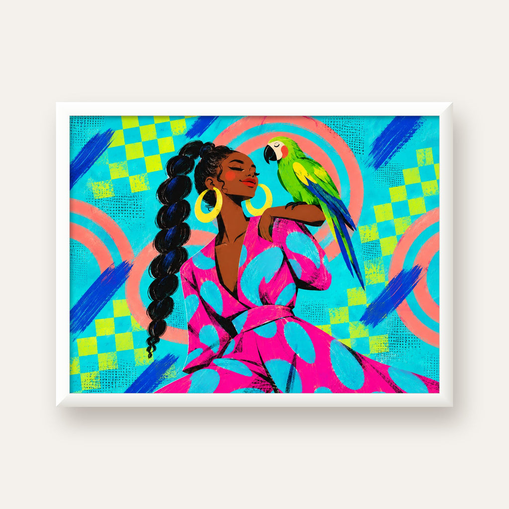 Kadın ve Papağan İllüstrasyon Poster – Renkli Modern Sanat — beyaz çerçeveli yatay poster