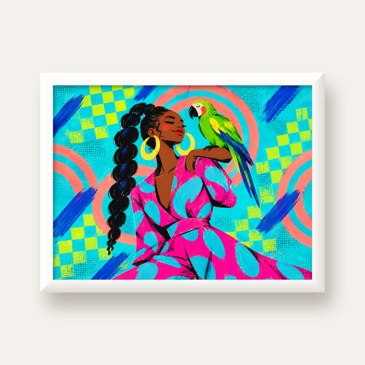 Kadın ve Papağan İllüstrasyon Poster – Renkli Modern Sanat — beyaz çerçeveli yatay poster