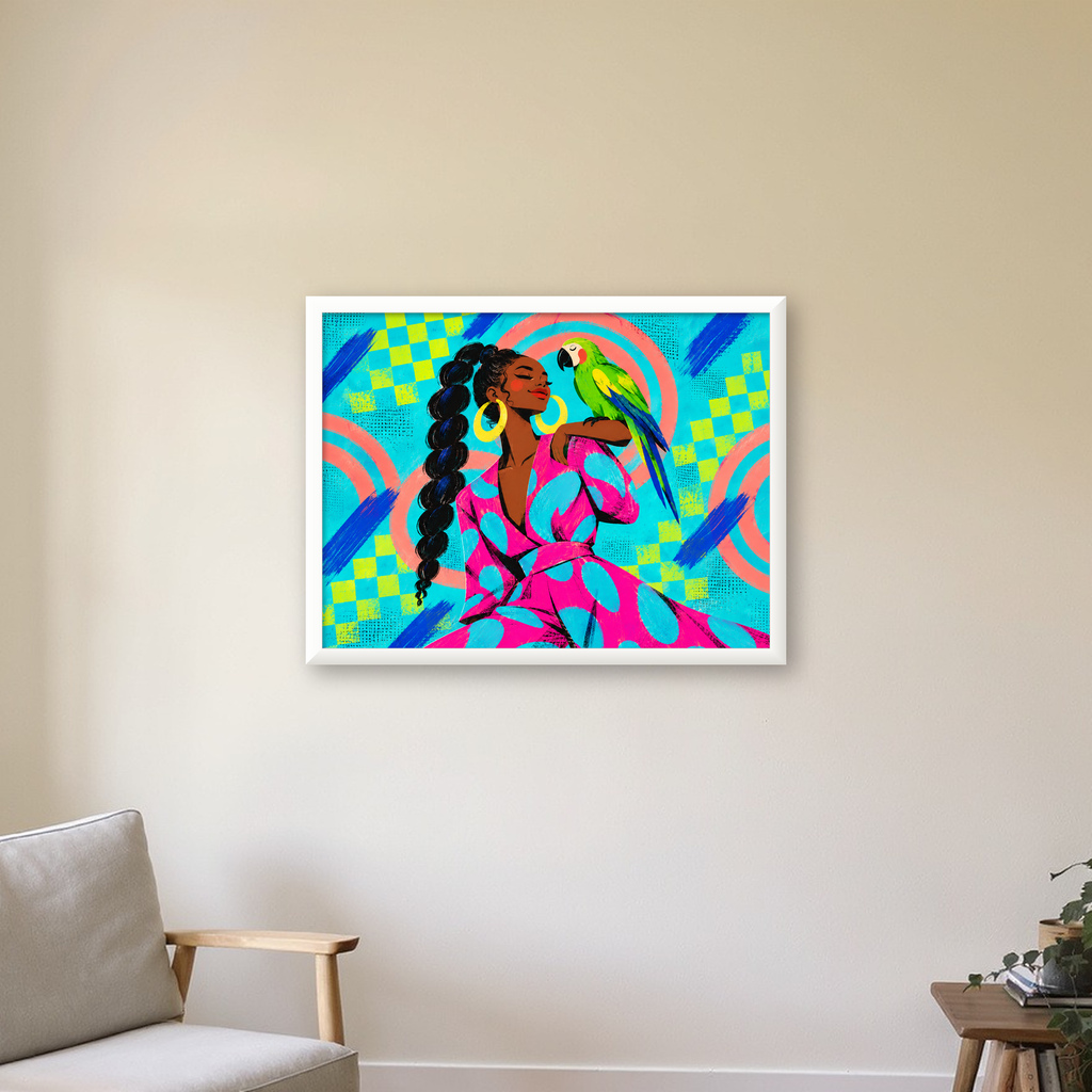Kadın ve Papağan İllüstrasyon Poster – Renkli Modern Sanat — beyaz çerçeveli yatay poster