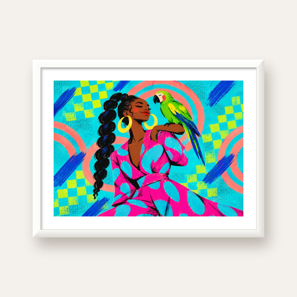 Kadın ve Papağan İllüstrasyon Poster – Renkli Modern Sanat — beyaz çerçeveli yatay poster