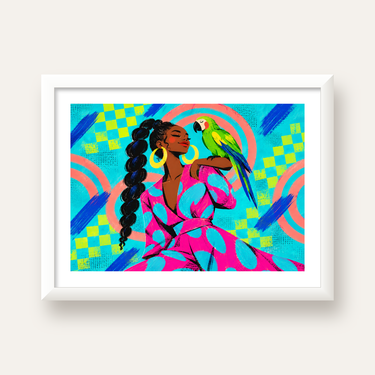 Kadın ve Papağan İllüstrasyon Poster – Renkli Modern Sanat — beyaz çerçeveli yatay poster