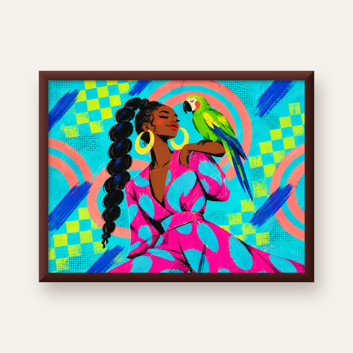 Kadın ve Papağan İllüstrasyon Poster – Renkli Modern Sanat — ceviz çerçeveli