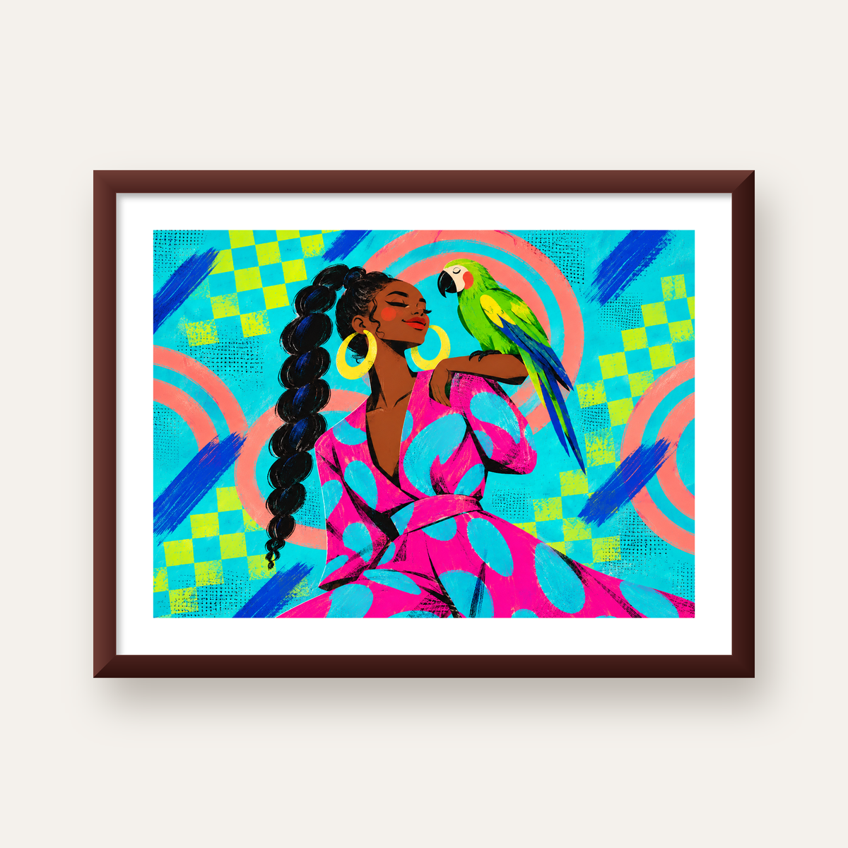 Kadın ve Papağan İllüstrasyon Poster – Renkli Modern Sanat — ceviz çerçeveli paspartulu
