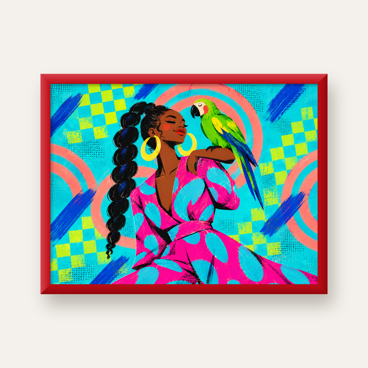 Kadın ve Papağan İllüstrasyon Poster – Renkli Modern Sanat — kırmızı çerçeveli