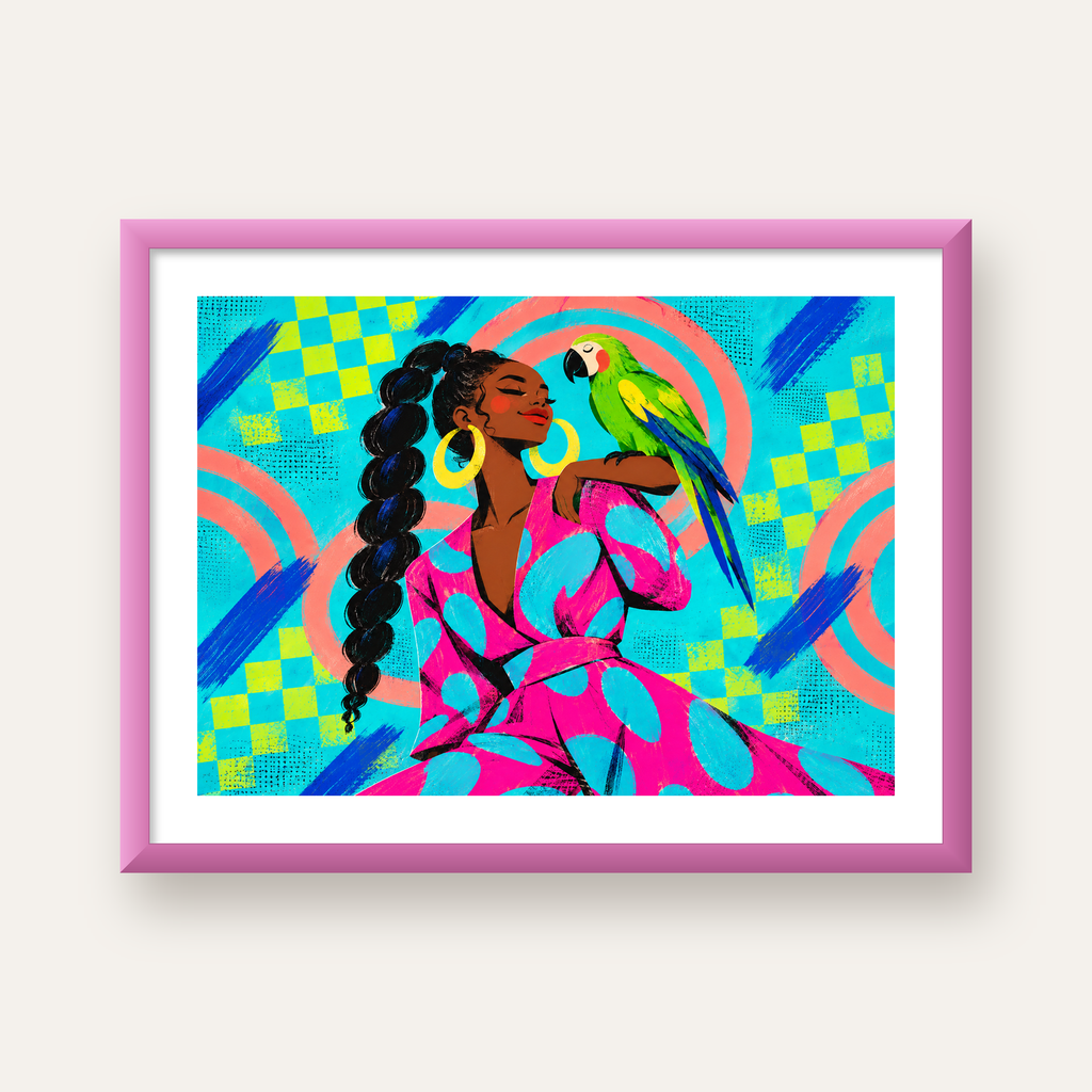 Kadın ve Papağan İllüstrasyon Poster – Renkli Modern Sanat — pembe çerçeveli paspartulu