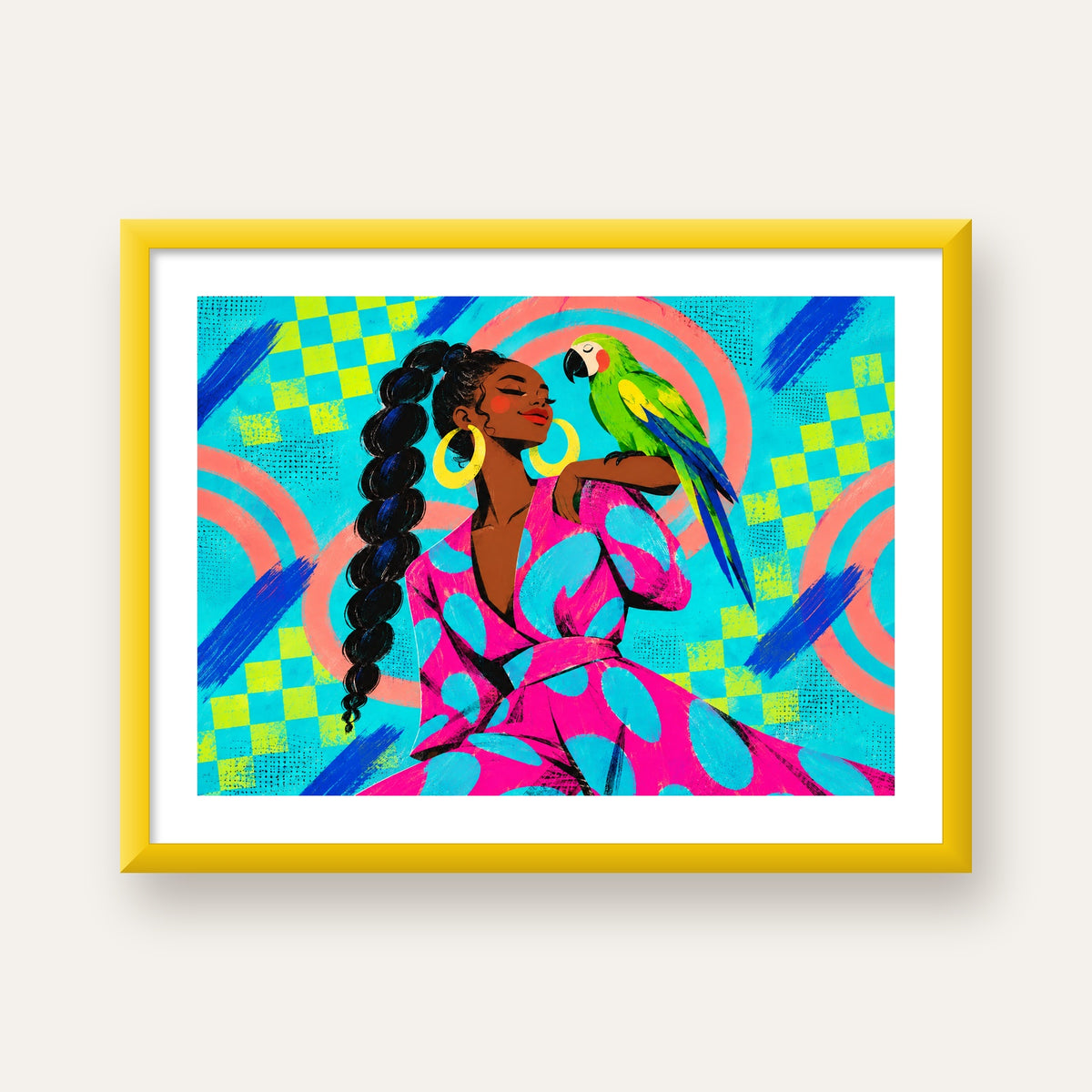 Kadın ve Papağan İllüstrasyon Poster – Renkli Modern Sanat — sarı çerçeveli paspartulu