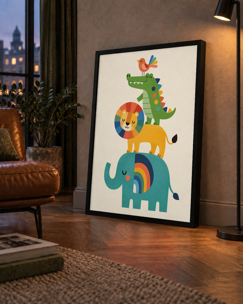 Renkli Hayvanlar İllüstrasyon Sanat Posteri, Modern Duvar Dekoru — çerçeveli hâliyle bir ev duvarında