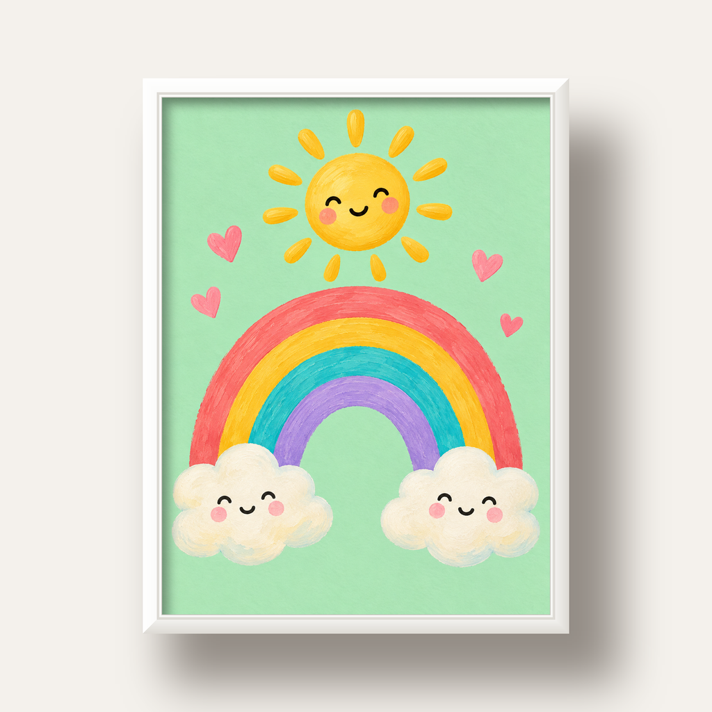 Sevimli Gökkuşağı ve Güneş Poster – Pastel Çocuk Odası Tablosu — beyaz derin çerçeveli