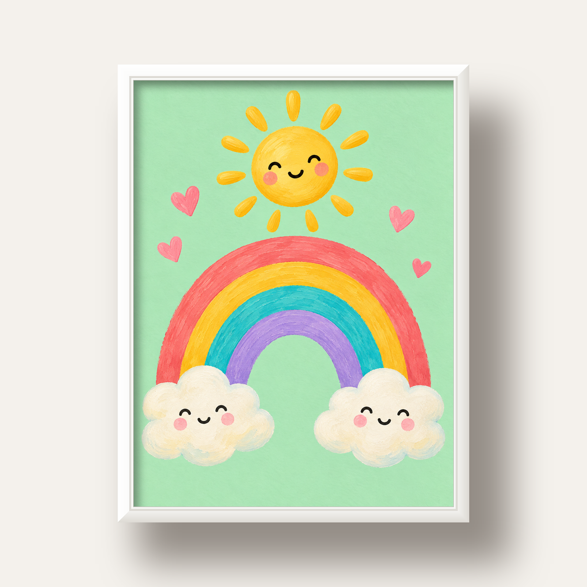 Sevimli Gökkuşağı ve Güneş Poster – Pastel Çocuk Odası Tablosu — beyaz derin çerçeveli