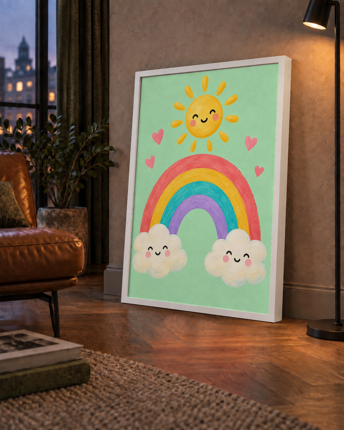 Sevimli Gökkuşağı ve Güneş Poster – Pastel Çocuk Odası Tablosu — çerçeveli hâliyle bir ev duvarında