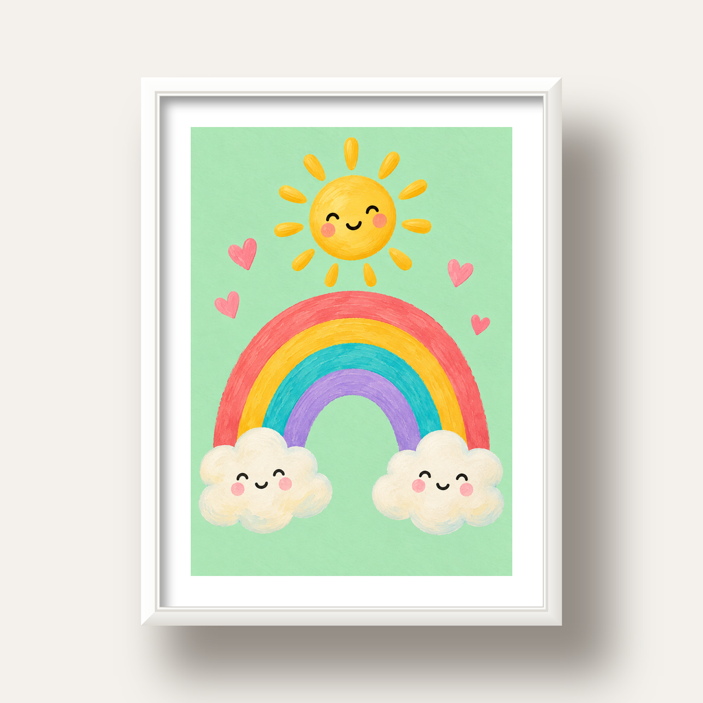Sevimli Gökkuşağı ve Güneş Poster – Pastel Çocuk Odası Tablosu — beyaz derin çerçeveli paspartulu