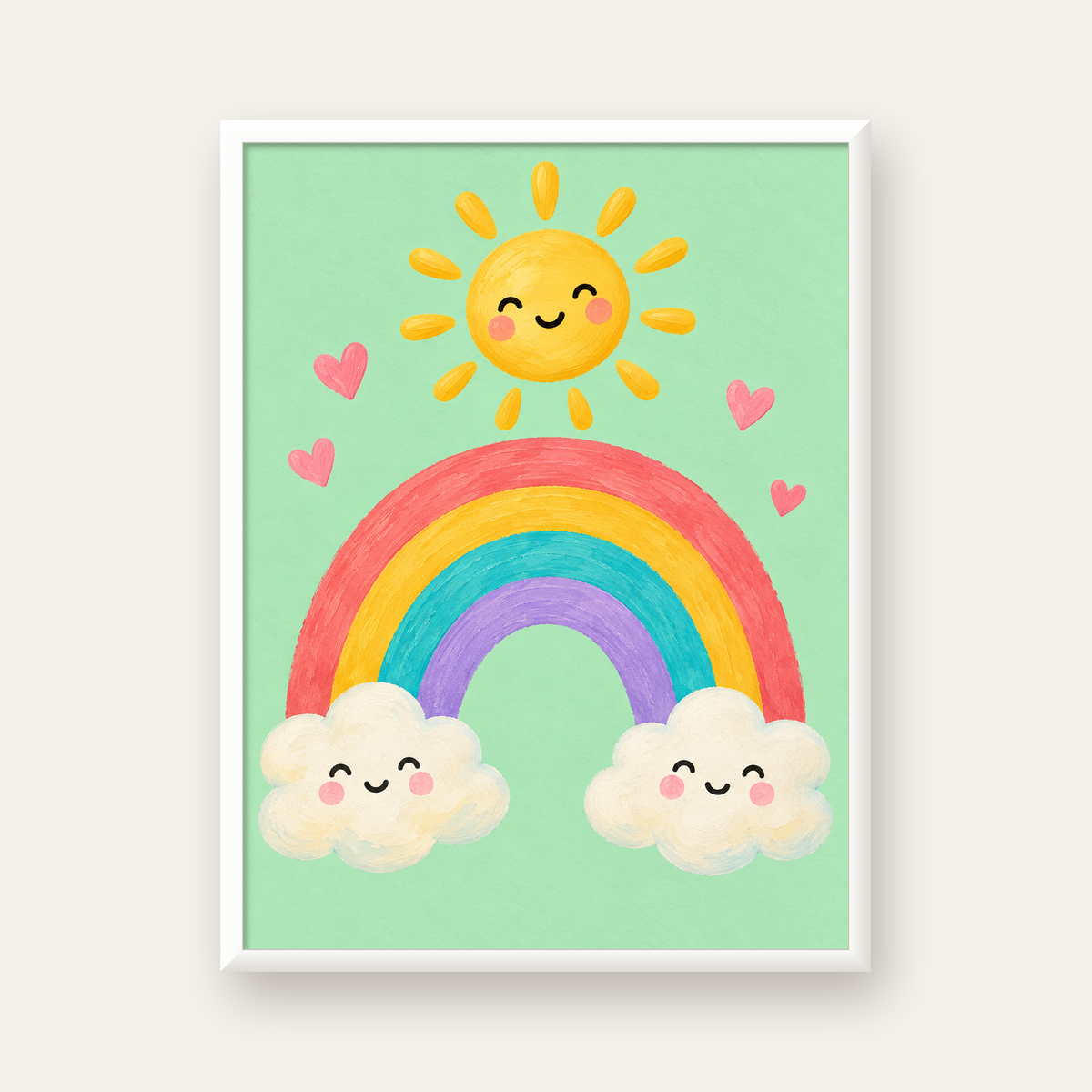 Sevimli Gökkuşağı ve Güneş Poster – Pastel Çocuk Odası Tablosu — beyaz çerçeveli dikey poster
