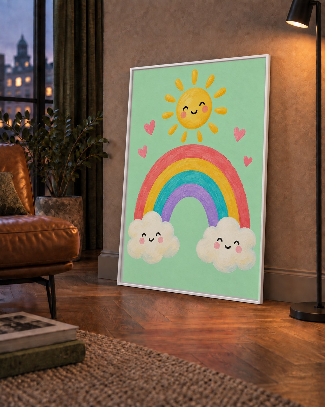 Sevimli Gökkuşağı ve Güneş Poster – Pastel Çocuk Odası Tablosu — çerçeveli hâliyle bir ev duvarında