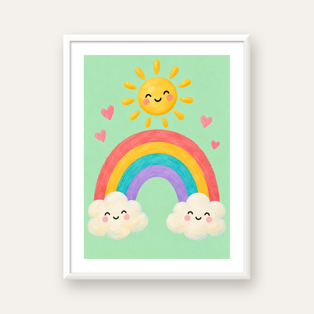 Sevimli Gökkuşağı ve Güneş Poster – Pastel Çocuk Odası Tablosu — beyaz çerçeveli dikey poster